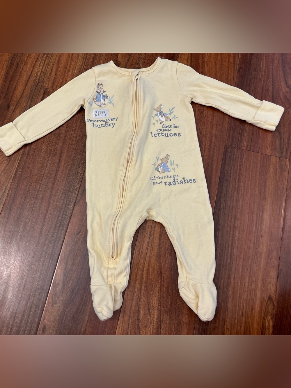 Peter Rabbit Beatrix Potter yellow embroidered footed pajamas